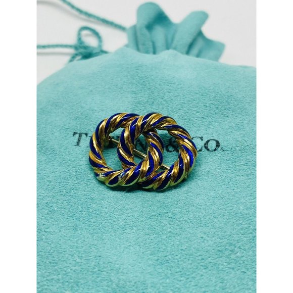 Vintage Tiffany & Co. 18K Yellow Gold & Blue Enamel Intertwined Circles Brooch - Picture 2 of 8